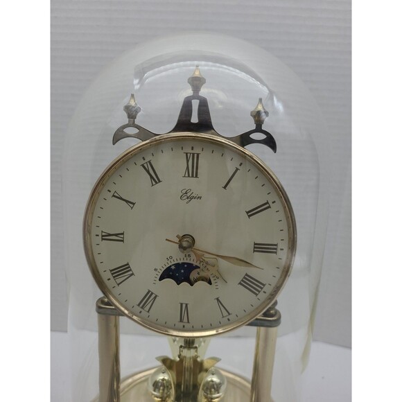Elgin Moon Phase Desk Mantle Clock Quartz Glass Brass Dome 11" Parts - Picture 2 of 10